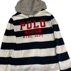 Polo Ralph Lauren Boys Long Sleeve, Striped Hooded Shirt, Blue and White, Size 7